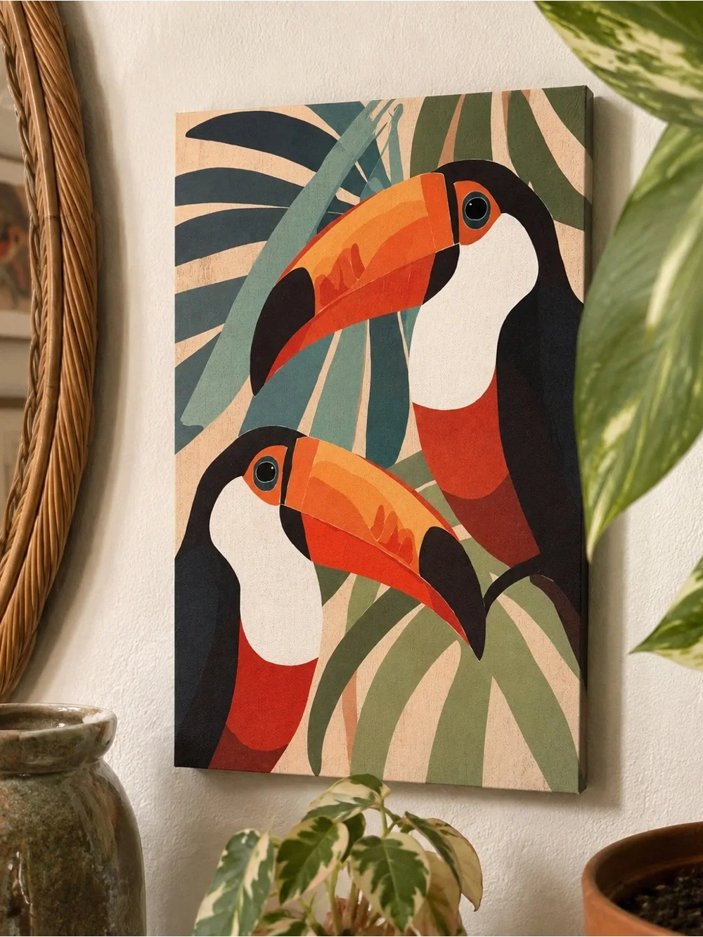 Tropical Toucan Bird Canvas Art Print Colorful Boho Maximalist Wall Decor 8x12”